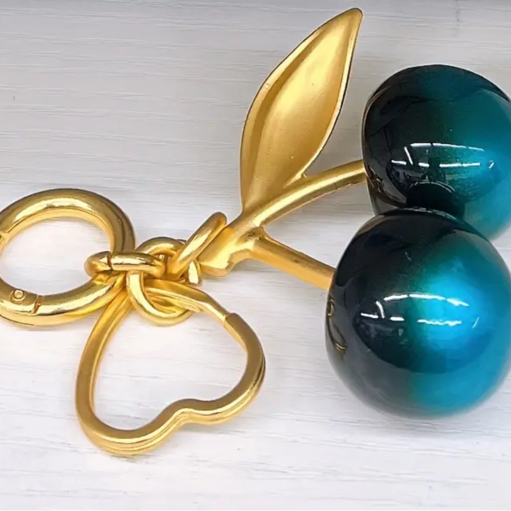 Golden-Tone Cherry Blossom Purse Charm/Keychain Black & Teal Ombre - Picture 2 of 4